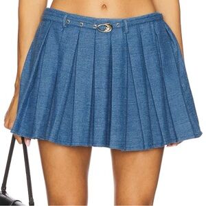 Lovers + Friends Chambray Blue Pleated Skater Mini Skirt
